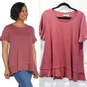 LOGO by Lori Goldstein Dusty Rose Short Sleeve Ruffle Hem Tee